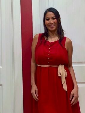 Ya Los Angeles Red Sleeveless Dress with Cream Waist Tie